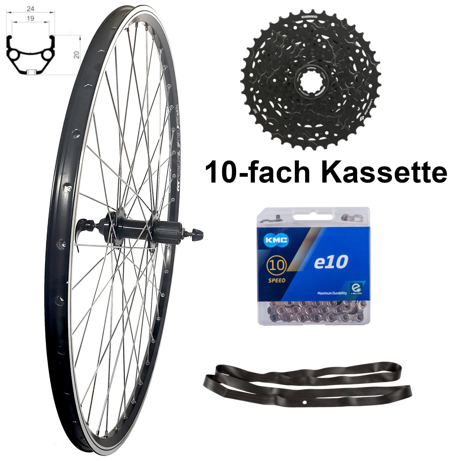 28 Zoll Hinterrad Hohlkammer Geöst Hohlachse mit Shimano Kranz 7/8/9/1