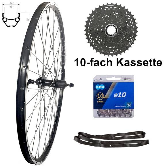 28 Zoll Hinterrad Hohlkammer Center Lock Geöst Hohlachse mit Shimano Kranz 7/8-fach + Kette, schwarz-silber