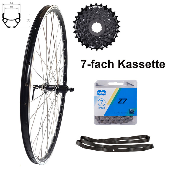 28 Zoll Hinterrad Hohlkammer Center Lock Geöst Hohlachse mit Shimano Kranz 7/8-fach + Kette, schwarz-silber