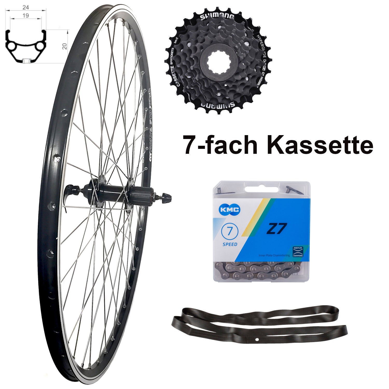 28 Zoll Hinterrad Hohlkammer Geöst Hohlachse mit Shimano Kranz 7/8/9/1