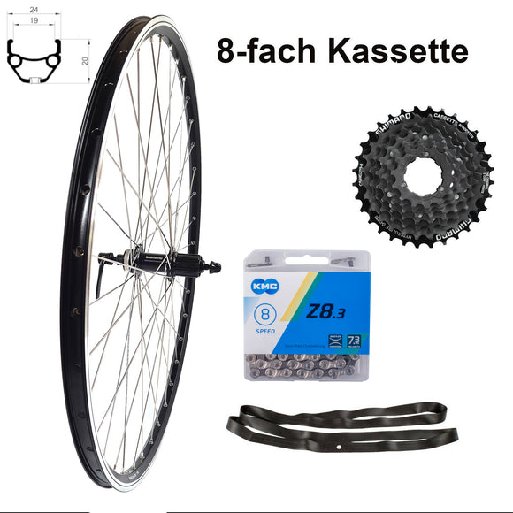 28 Zoll Hinterrad Hohlkammer Center Lock Geöst Hohlachse mit Shimano Kranz 7/8-fach + Kette, schwarz-silber