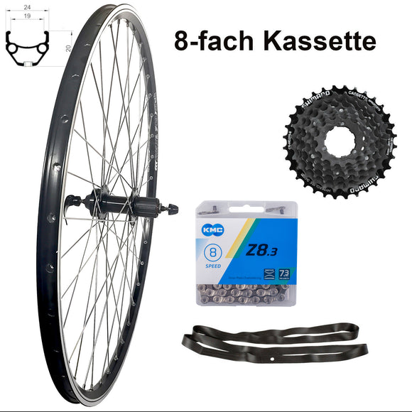 28 Zoll Hinterrad Hohlkammer Geöst Hohlachse mit Shimano Kranz 7/8/9/10-fach + Kette