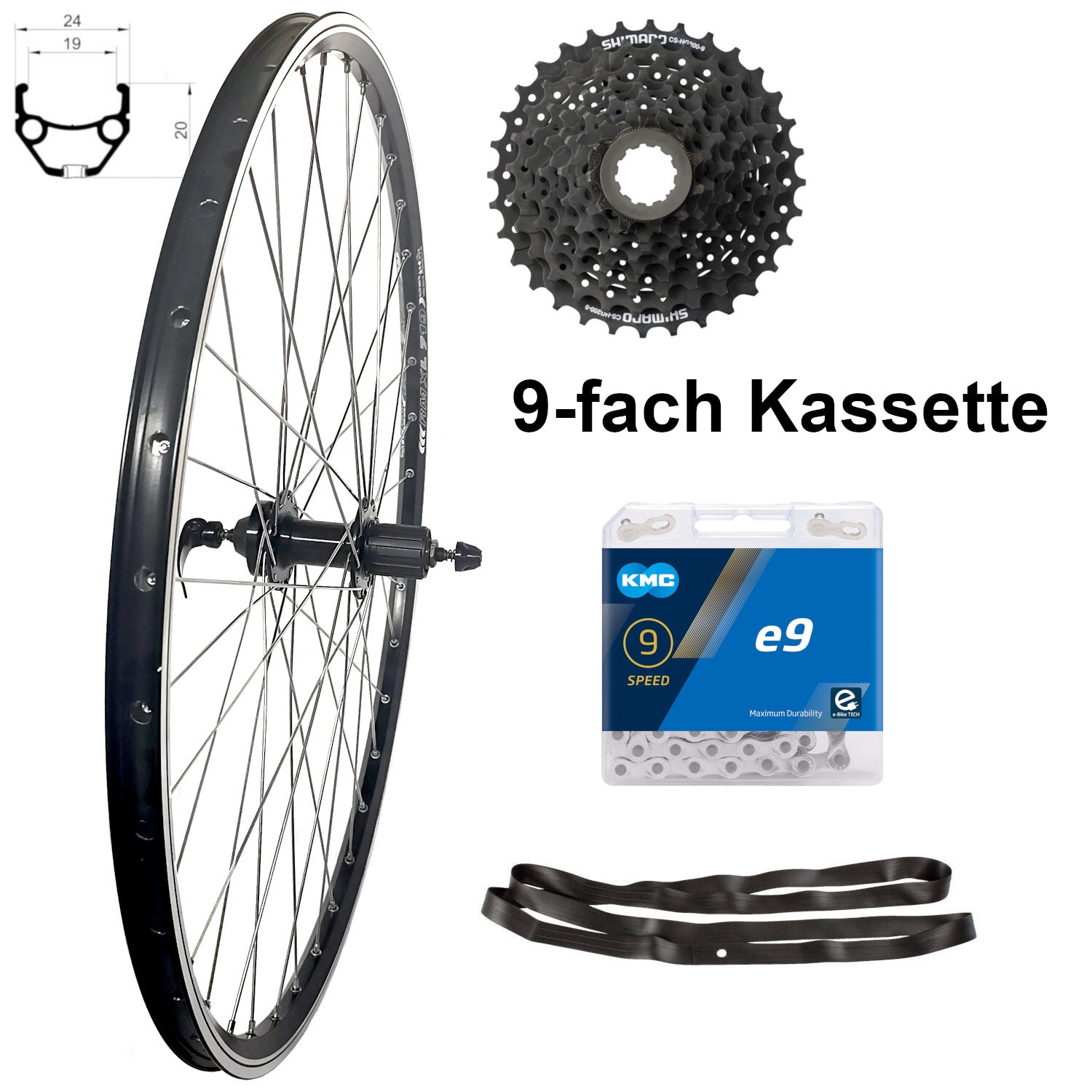 28 Zoll Hinterrad Hohlkammer Geöst Hohlachse mit Shimano Kranz 7/8/9/10-fach + Kette