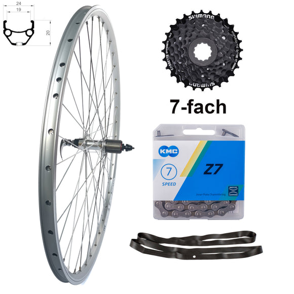 28 Zoll Hinterrad Hohlkammer Geöst Hohlachse mit Shimano Kranz 7/8-fach + Kette Silber