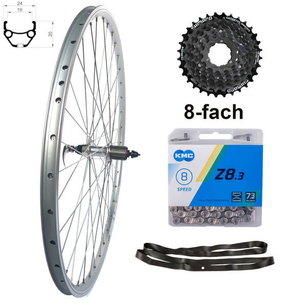 28 Zoll Hinterrad Hohlkammer Geöst Hohlachse mit Shimano Kranz 7/8-fach + Kette Silber