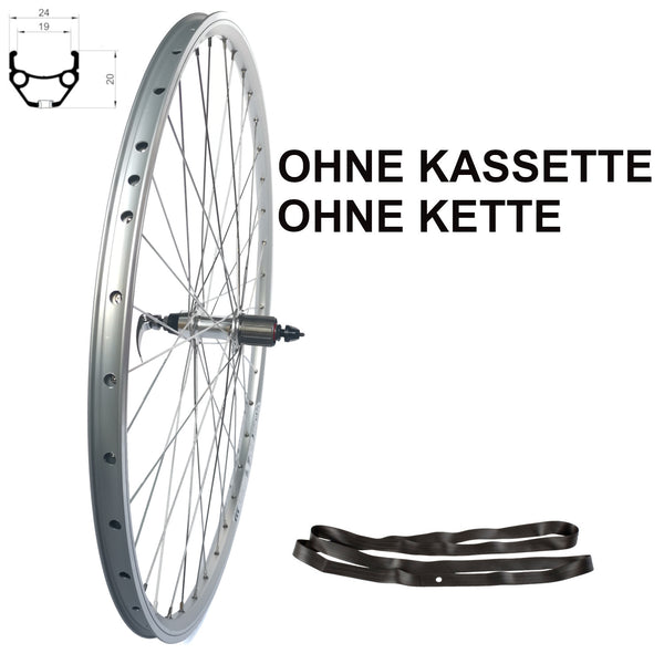 28 Zoll Hinterrad Hohlkammer Geöst Hohlachse mit Shimano Kranz 7/8-fach + Kette Silber