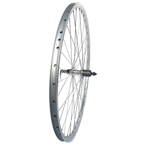 28 Zoll Hinterrad Hohlkammer Geöst Hohlachse mit Shimano Kranz 7/8-fach + Kette Silber