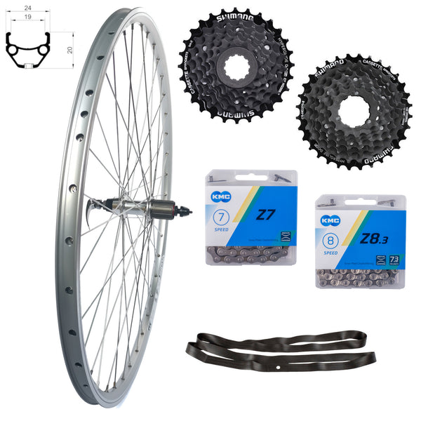 28 Zoll Hinterrad Hohlkammer Geöst Hohlachse mit Shimano Kranz 7/8-fach + Kette Silber