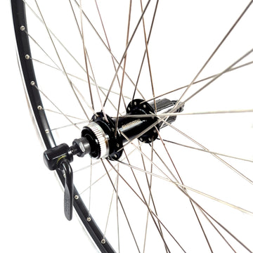 28 Zoll Hinterrad Hohlkammer Center Lock Geöst Hohlachse mit Shimano Kranz 7/8-fach + Kette, schwarz-silber - 0