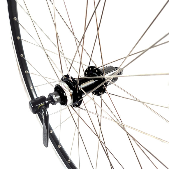 28 Zoll Hinterrad Hohlkammer Center Lock Geöst Hohlachse mit Shimano Kranz 7/8-fach + Kette, schwarz-silber