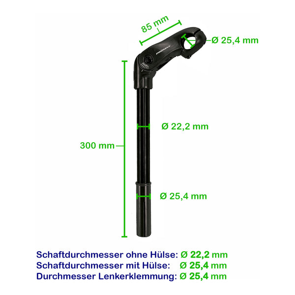Promax Lenkervorbau 85x300mm Alu/Stahl für 1-1.1/8 Zoll, verstellbar schwarz