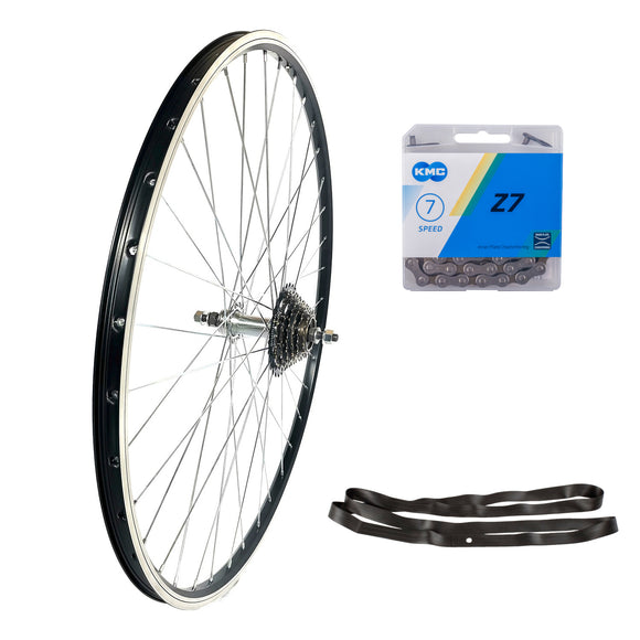 28 Zoll Hinterrad Hohlkammer Geöst Hohlachse mit Shimano Schraubkranz 7-fach + KMC Z7 Kette