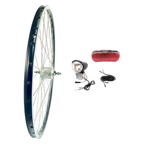 28 Zoll Vorderrad-Set mit Shimano Nabendynamo und LED-Beleuchtungs-Set, Alu-Hohlkammerfelge, schwarz-silber