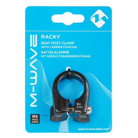 M-Wave Sattelklemme 31.8mm aus Alu mit Gewindeösen für Gepäckträgerbefestigung, schwarz