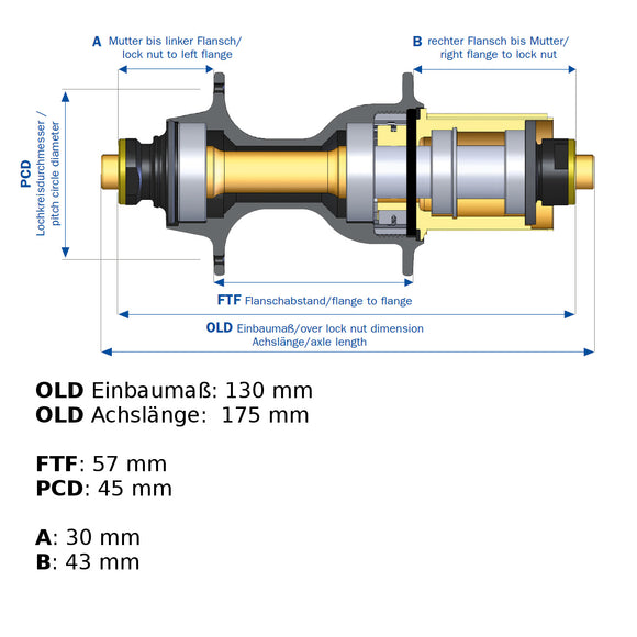 Hinterradnabe, Einbaumaß 130mm, Achslänge 175mm, 3/8" Gewinde, silber